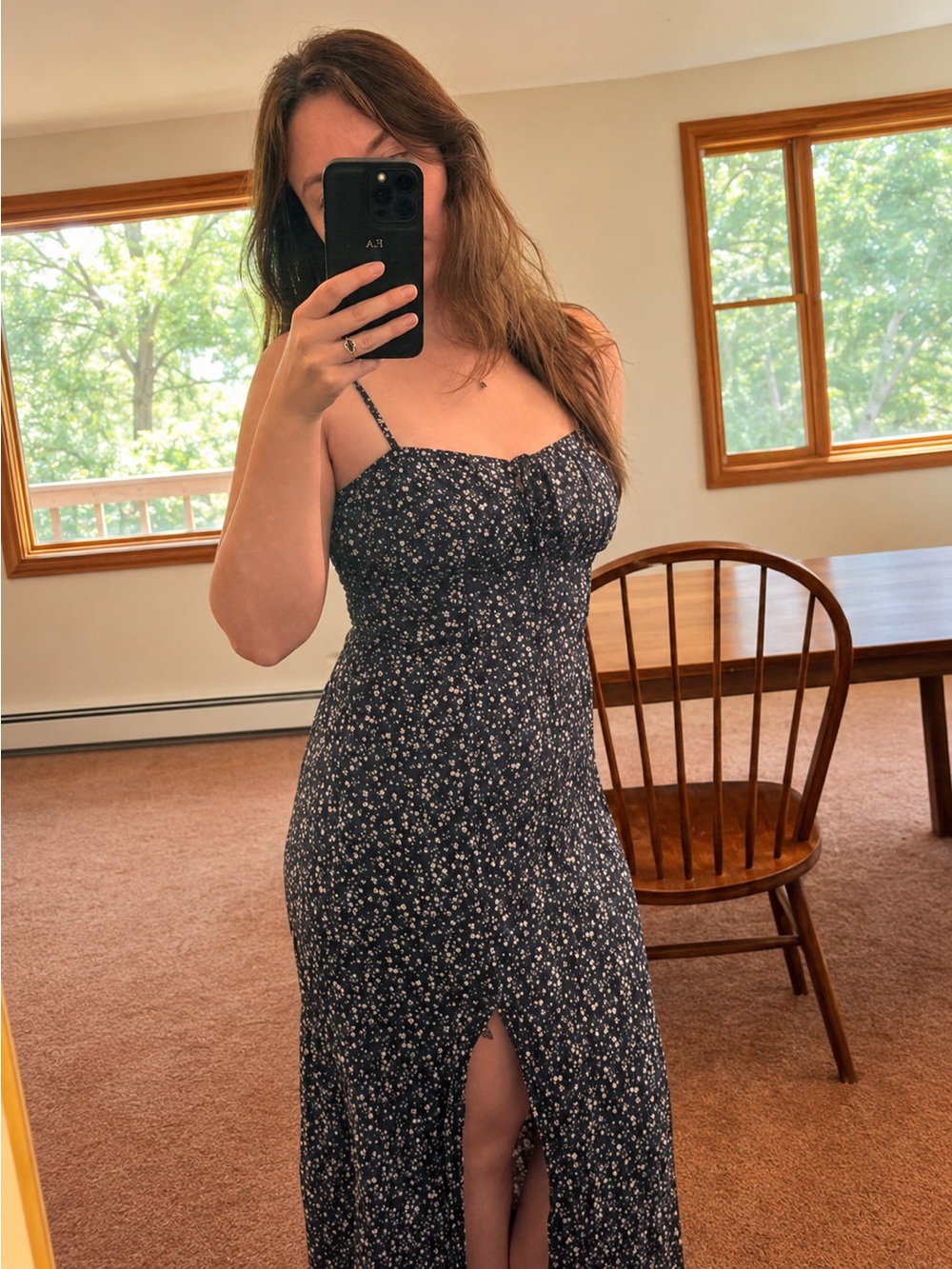 Hollister Navy Floral Spaghetti-Strap Maxi Dress with Front Slit